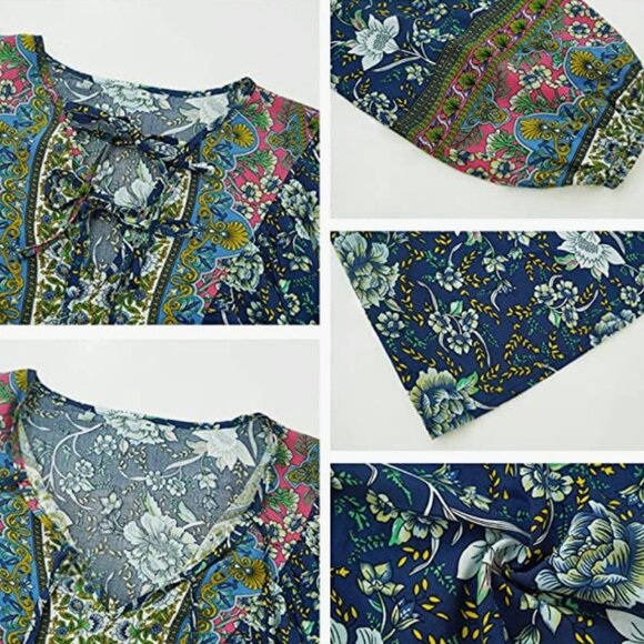 Navy Blue Boho Floral Printed Tie V-Neck Loose Flowy Long Sleeve Top Blouse - Picture 4 of 6
